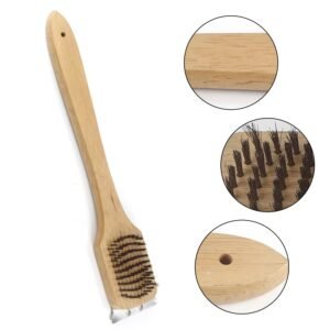 imgi_423_H82dbadde4e3149a5972ec026d42317ba6 Wholesale Brush Stainless Steel Bristles BBQ Grill Brush and Scraper with Wooden Handle