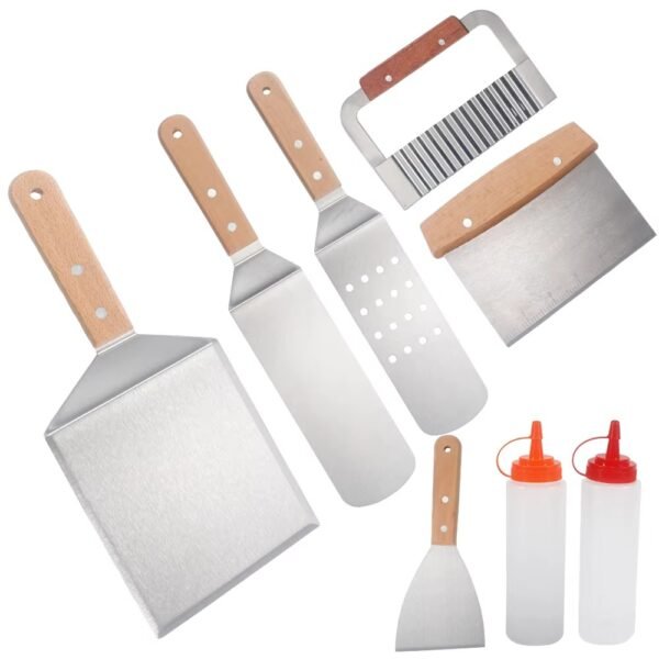 8pcs Stainless Steel Griddle Accessories Kit Flat Top BBQ Grill Spatula Set with Oil Bottle