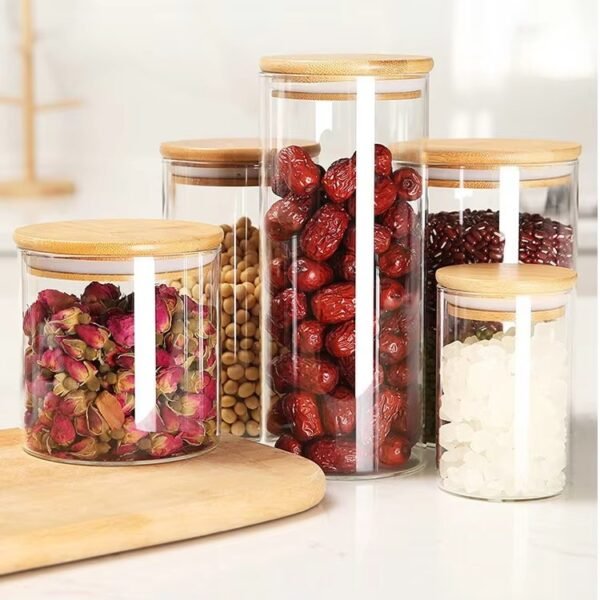 imgi_454_Habbe2bdf175145a8bd949999fb75ebddm Clear Glass Food Storage Spice Jars Containers with Airtight Bamboo Lid for Candy Cookie Rice Sugar Food Storage