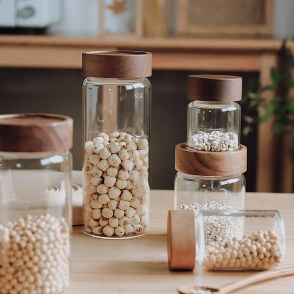 Kitchen Accessories Thread Type Mason Spice Jar Food Grade Borosilicate Glass Storage Jars With Airtight Acacia Wooden Lid